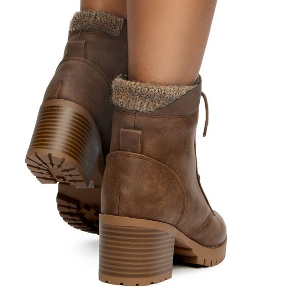 New Distressed Brown Lace-Up Knit Ankle Boots Booties Chunky Block Heel Platform - Picture 7 of 8